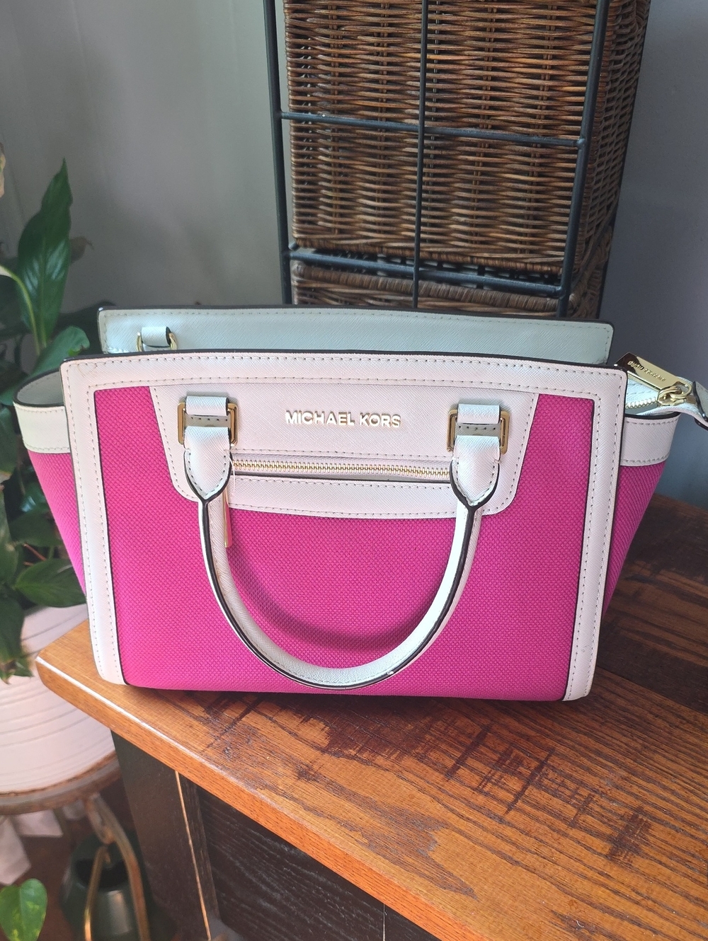 HMichael Kors Selma Hot Pink and White Structured Satchel